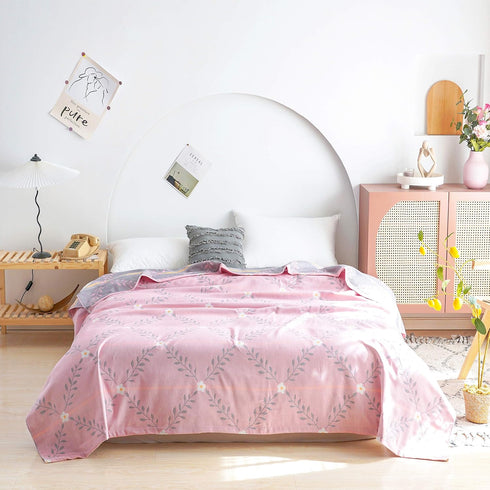 MEJU Summer 100% 2 60 80 Flower Muslin Lightweight Blanket for Bed Sofa Couch, Combed Cotton Layer Soft Warm Quick Dry