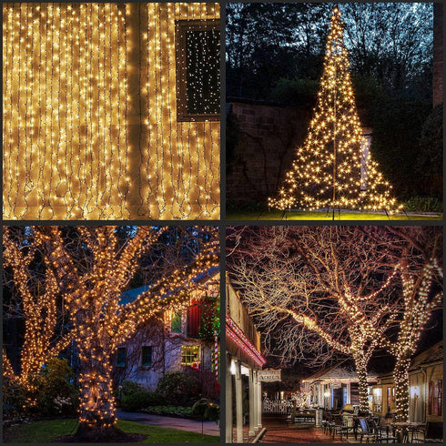 YULETIME 100 ft Warm White LED String Lights with 300 Count, 8 Models Adapter, Black Wire, 5mm Christmas Lights