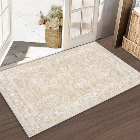 Moroccan Area Rug 2x3, Washable Distressed Non-Slip Small Rug, Soft Low-Pile Geometric Indoor Door Mat