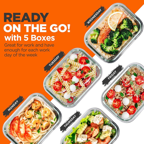 NutriChef 5-Piece Reusable Glass Meal Prep Containers, 30 oz Stackable Kitchen Storage with 4-Side Locking Plastic