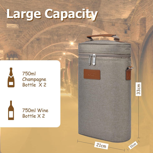 Tirrinia 2 Bottle Wine Gift Tote Carrier, Insulated Padded Wine Cooler Bag for Travel, Grey