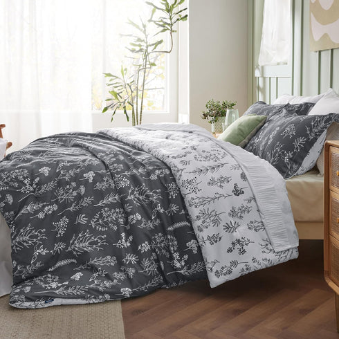Bedsure Twin/Twin XL Comforter Set, Dark Grey Floral Bedding, 2 Pieces with Reversible Comforter and Pillow Sham