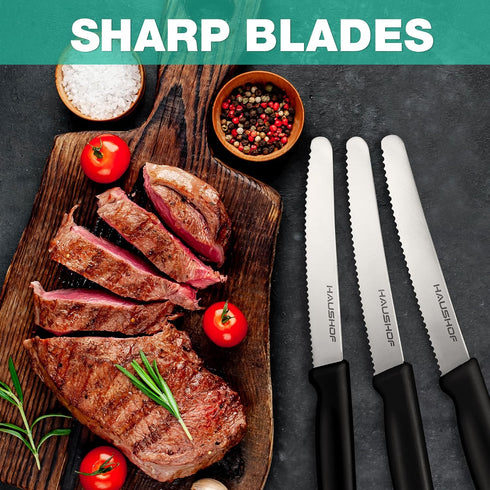 HAUSHOF Set of 8 Serrated Steak Knives, Premium Stainless Steel with Gift Box, Black Handle