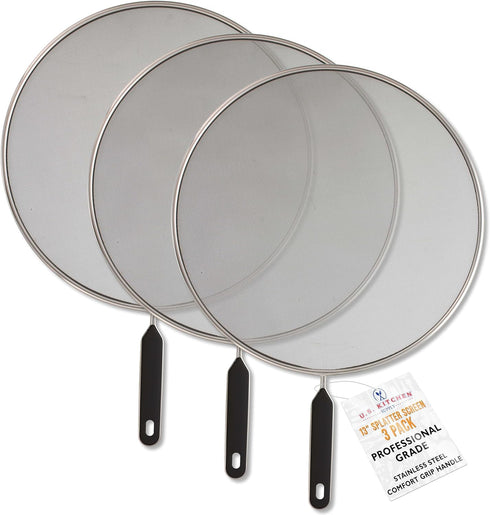 Set of 3 Classic 13" Splatter Screens, Stainless Steel Fine Mesh with Comfort Grip Handles for Safe Cooking Splash