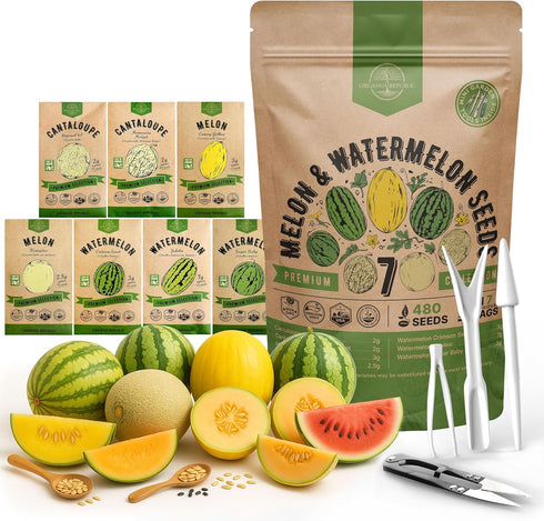 Organo Republic 7 Melon & Watermelon Seeds Variety Pack 480+ Non-GMO Heirloom