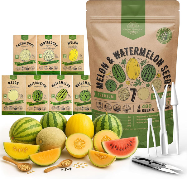 Organo Republic 7 Melon & Watermelon Seeds Variety Pack 480+ Non-GMO Heirloom