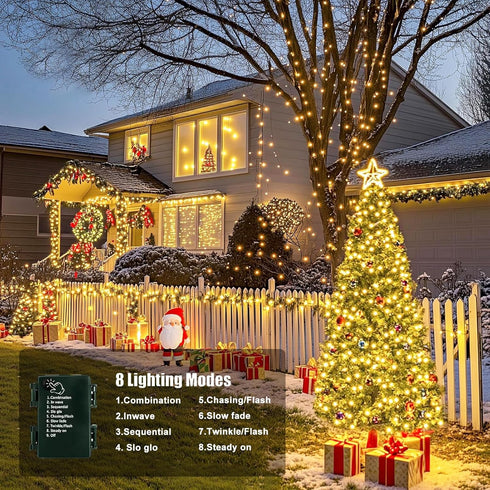 4Pack 160FT 400 8 Upgraded LED Battery Operated Christmas String Lights Outdoor/Indoor, Timer & Modes with Green Wire