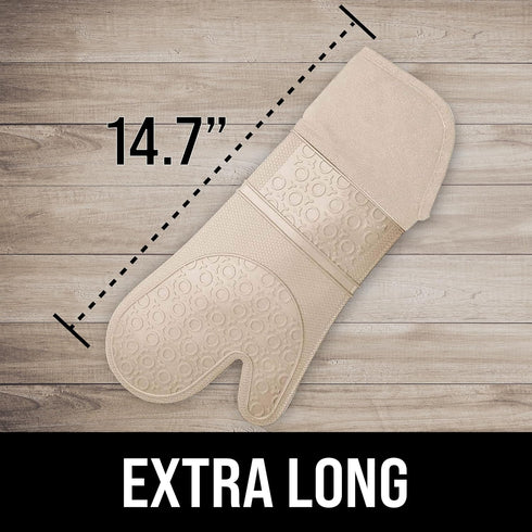 HOMWE Extra Long Professional Silicone Oven Mitt, Heat Resistant Pot Holders, 1 Pair Beige