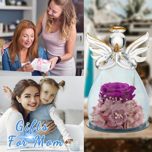 ANLUNOB Preserved Rose Gifts for Women, Mom, Grandma, Wife, Glass Angel Figurines with Pretty Purple Flowers for