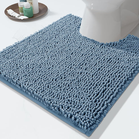 Yimobra Luxury Shaggy U-Shaped Contour Toilet Bath Mat, 24.4 x 20.4 Inches, Denim Blue, Soft, Non-Slip, Machine-Washable