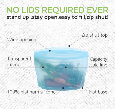 Reusable Silicone Food Storage Bag, Stand Up Food Storage Container, Reusable Zipper seal bag, no lid required, for Food Storage& Meal Prep, Freezer Oven Dishwasher - Safe, Set of 6 Bowls by ZIP STANDING