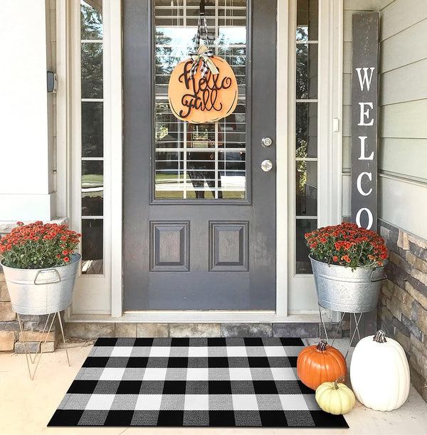 KOZYFLY Buffalo Plaid Area Rug 2x3 Ft, Black and White Checkered Washable Front Door Mat for Kitchen Entryway