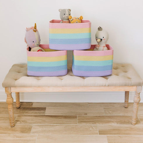 Set 3 15x9x10 OrganiHaus of Pastel Rainbow Baskets - Colorful Woven Storage Baskets for Playroom, Nursery & Classroom