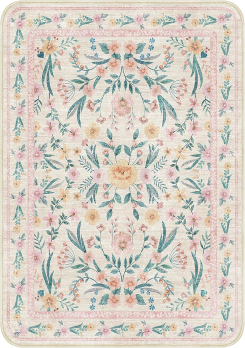 5x8 Pink Boho Rug with Rounded Corners Washable Floral Pastel Non-Slip Area Rug for Nursery, Girls Bedroom, Kids Room