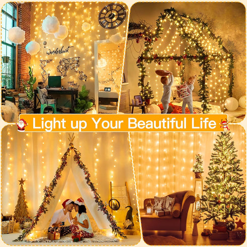 300 9.8 FTx9.8 8 Ollny Christmas Curtain Lights LED FT, Outdoor Waterproof Curtain String Lights with Remote Timer