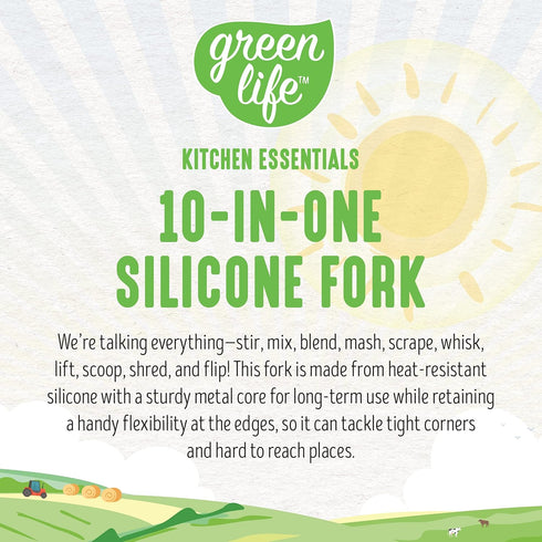 GreenLife 10-in-1 Cooking Tools and Utensils, Silicone Fork for Stirring, Mixing, Mashing, Soft Pink, Dishwasher Safe