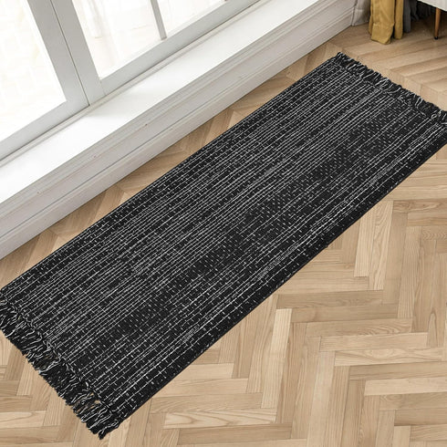 Hallway Runner Rug 2'x6' - Black and White Cotton Machine Washable Rug with Tassels, Boho Indoor Area Mat for Kitchen