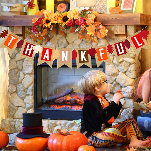 Thankful Burlap Banner Fall Autumn Maple Leaves Rustic Harvest Banner for Home Office School Party Decor