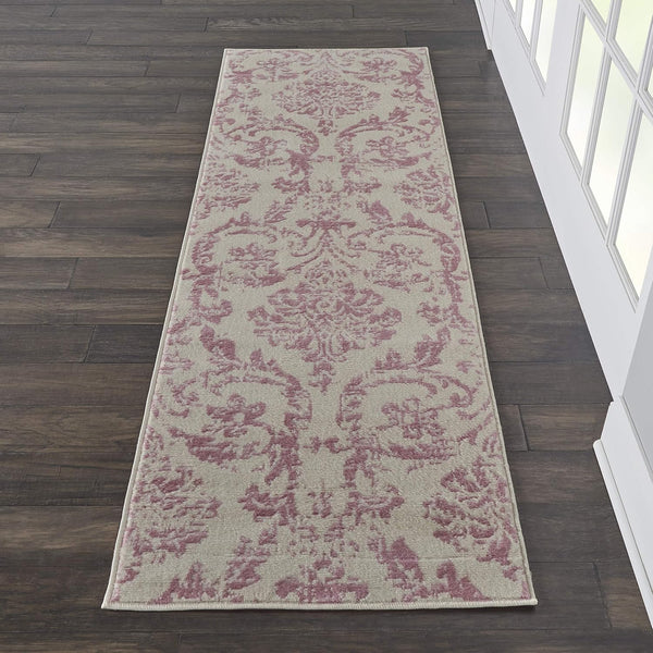 Nourison Home Jubilant Damask Ivory/Pink 2'3'' x 7'3'' Area-Rug, Easy-Cleaning, Non Shedding,