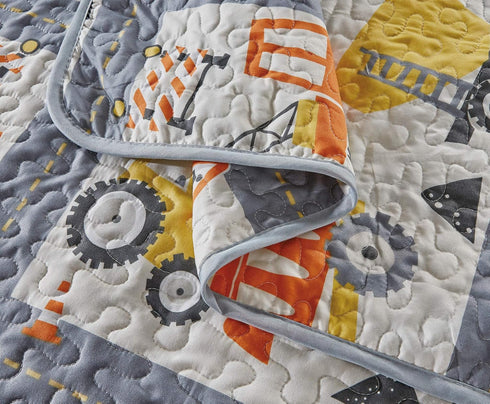Linen Plus Set Bedspread Kids/Teens Construction Crane Vehicles Work Trucks Cement Tractor Concrete Mixer White Grey