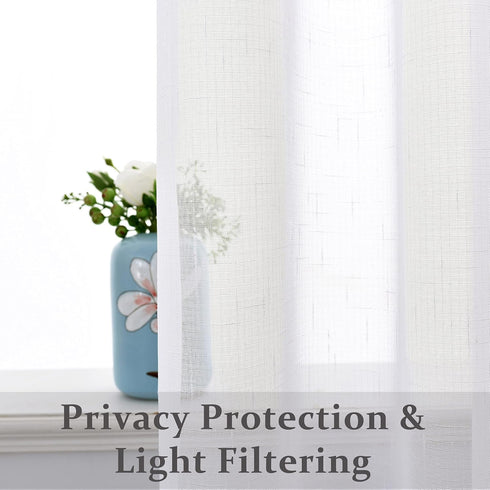 Snow White Linen Sheer Curtain Panel - 72" Long Faux Linen Window Treatment Drape, Sets of 2, 54x72 Inch