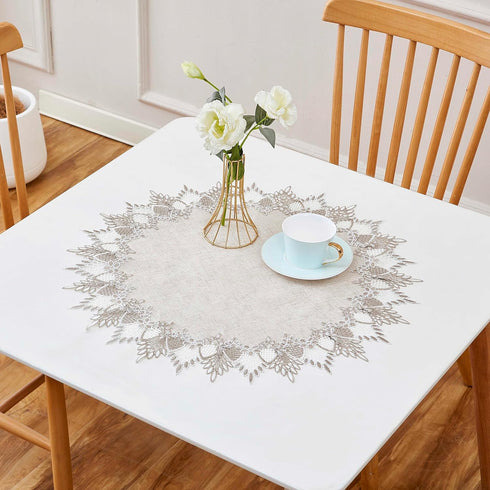 24 inches 24 Natural Linen Doily Round Neutral Earth Tones Beige Lace Coffee Table Topper Dresser Scarf Place Mats