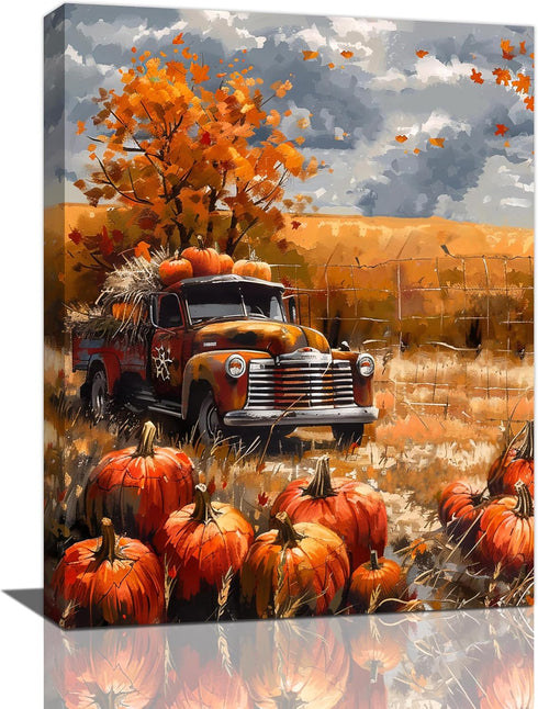 Fall Decor Wall Art, Farmhouse Autumn Pumpkins Canvas Painting Print for Home Decorations (12"x16")
