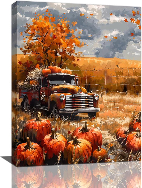 Fall Decor Wall Art, Farmhouse Autumn Pumpkins Canvas Painting Print for Home Decorations (12"x16")