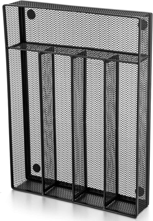 E-far Silverware Drawer Organizer - Black Mesh Wire Utensil Tray, 5 Compartment Cutlery Holder, Small Size