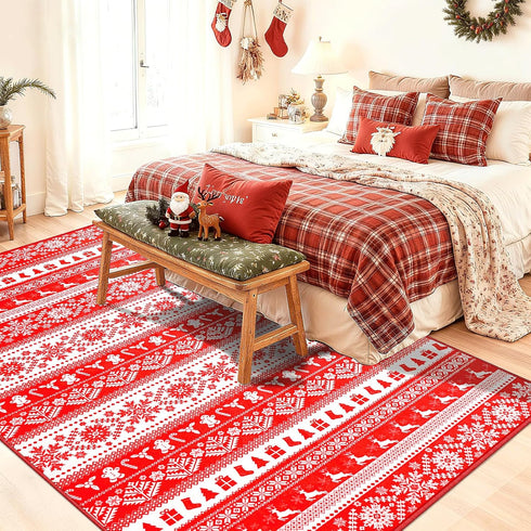 GREFFY 5x7 Soft Area Rugs for Living Room, Vintage Washable Snowflake Print Carpet, Non Slip Low Pile Soft Modern Red