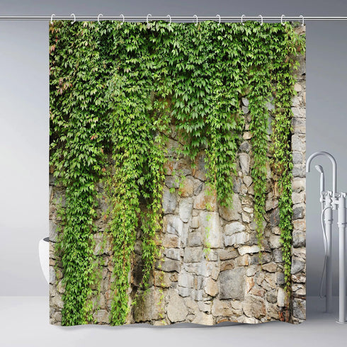 Stone Brick Wall Shower Curtain Green Leaves Garden Landscape Nature Plant Scenery Rustic Marble Rocks Stone Wall Bathtub Curtains Fabric Bathroom Accessories with Hooks 70Wx70H Inch by ZZYSKS