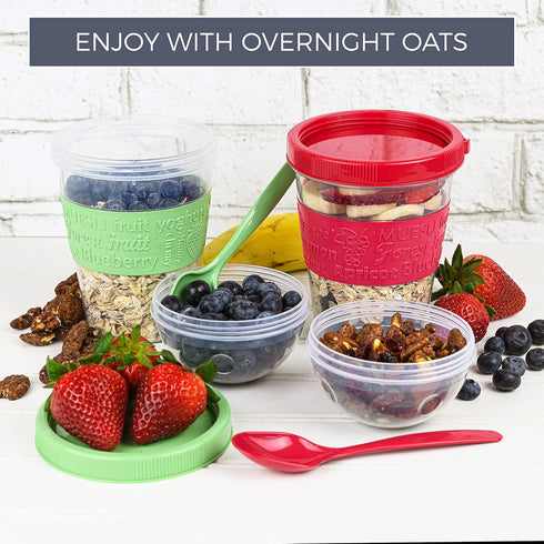 20 OZ Set 4 Tribello Overnight Oats Container With Lid, of Crunch Cups To Go, Portable Parfait Cup With Compartments