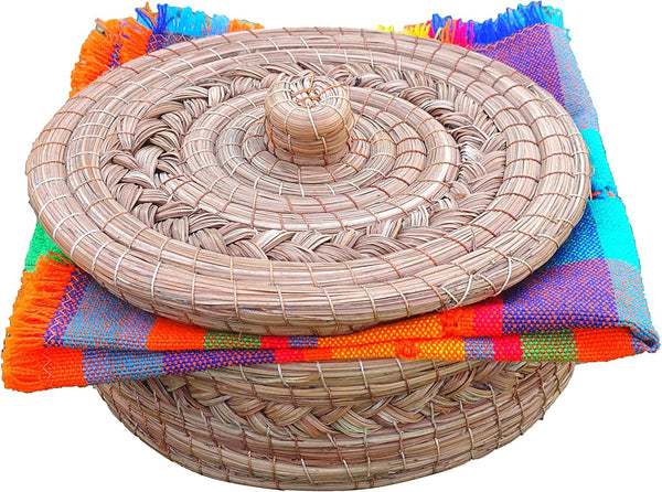 Authentic Mexican Tortilla Warmer Basket - Handwoven Pine Needle with Handloomed Cloth (Natural 7" w cloth)