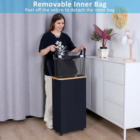 Slim Rolling Laundry Basket with Lid and Removable Bag, 75L Narrow Dirty Clothes Basket with Wheels (Black)
