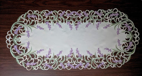 Table Runner with Purple Lavender Lilac Flowers on Antique White Material, Size 44 x 15 inches