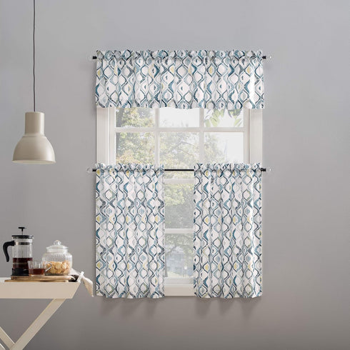 No. 918 Barker Geometric Semi-Sheer Rod Pocket Kitchen Curtain Valance and Tiers Set, 54" x 36", White