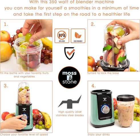 Moss & Stone Smoothie Blender - Compact Personal Blender with Additional Blender Cups - Mini Blender & To-Go Portable