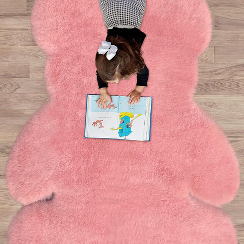 4.6x6 ft Pink Bear Soft Fluffy Large Rug, Shaggy Faux Sheepskin Fur Rug Fuzzy Shag Area Rug Cute Plush Carpet
