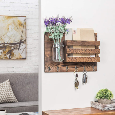 MyGift Wall-Mounted Burnt Wood Mail Holder Organizer with 6 Key Hooks & Mason Jar
