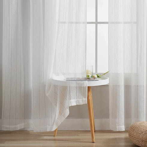 Home Brilliant Striped White Sheer Curtains, 84 Inches Long, Lace Voile Window Treatment, 2 Panels, 54" X 84"