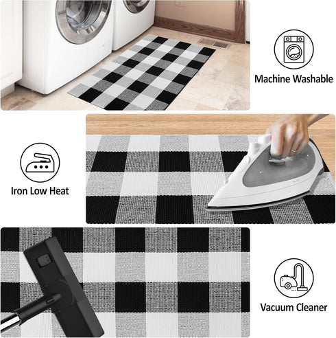 Buffalo Plaid Outdoor Rug 2x3, Black and White Checkered Cotton Woven Rug for Indoor Outdoor Entryway