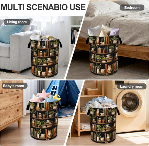 19.6x15.7 Inch Wooden Bookshelf Cat Laundry Basket Storage Bin Foldable Laundry Hamper Clothes Storage Bucket Organizer