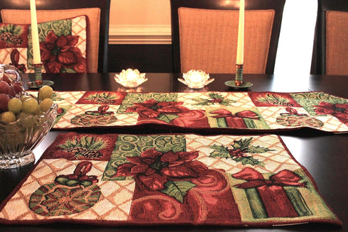 Tache Home Fashion Christmas Decorative Tapestry Table Runners with Tassels, Holiday Tidings Poinsettia 13 x 90