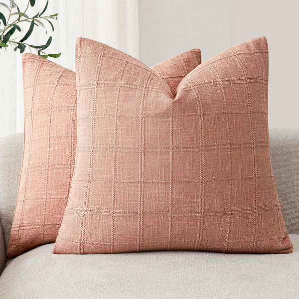 Foindtower Set of 2 Decorative Linen Check Throw Pillow Covers Neutral Farmhouse
