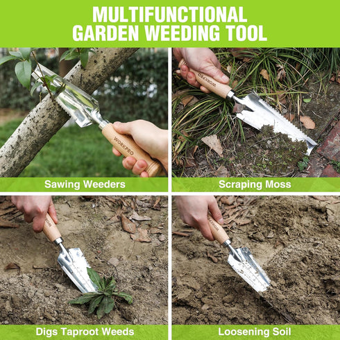WORKPRO 12.5" Weeder Puller Tool with Wood Handle, 4-in-1 Polished Stainless Steel Garden Trowel