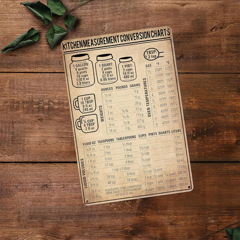 Kitchen Measurement Conversion Chart Vintage Tin Sign, Rustic Metal Poster for Cooking and Baking Guide, 8x12 Inches