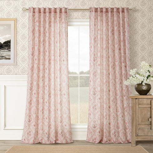 Pink Linen Floral 96 Inch Curtains 2 Panel Set for Living Room