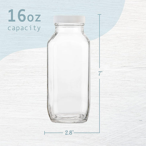 16oz Pack 4 kitchentoolz Square Glass Milk Bottles with Airtight Plastic Lids of | Reusable Milk Containers for Fridge