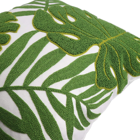 Embroidery Throw Pillow Covers 18x18 - 100% Cotton Canvas Cushion Cover with Tropical Green Leave Design
