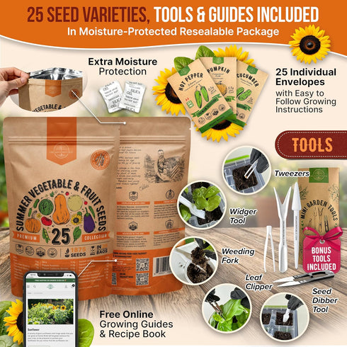 25 Summer Pack 1,870+ Vegetable & Fruit Seeds Variety - Non-GMO Heirloom Veggie & Fruits Seeds for Outdoors and Indoor